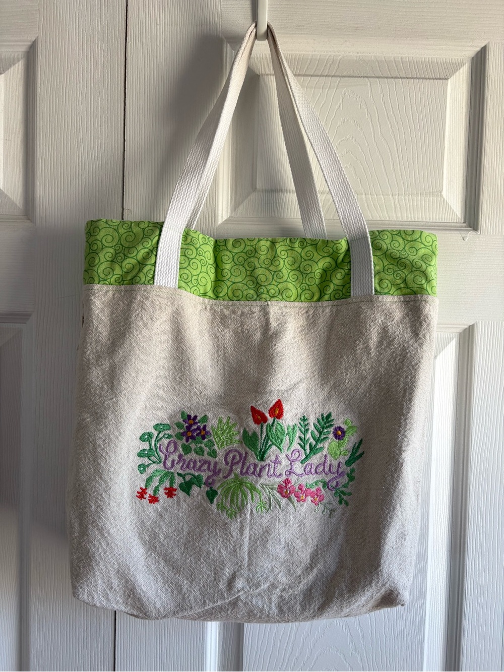 Sew Kerry Crazy Plant Lady Tan Green Floral Cotton Canvas Shopping‎ Bag Tote